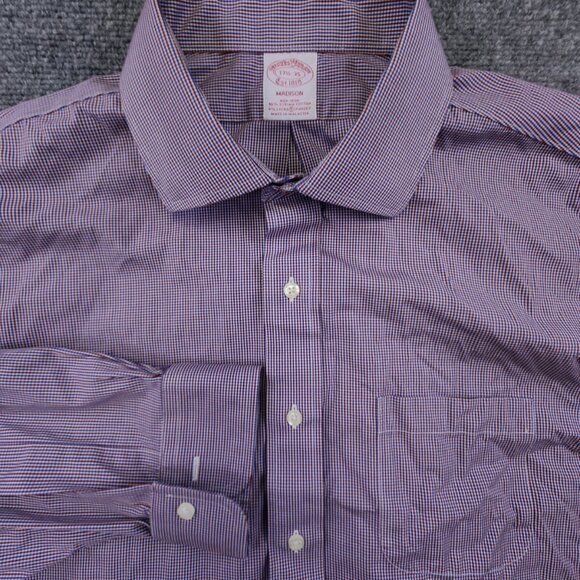 Brooks Brothers Madison Men's 17.5 35 Blue Red Plaid Long Sleeve Cotton Spandex - Picture 1 of 11